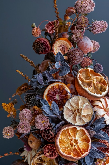 Decorative arrangement with dried fruits and flowers