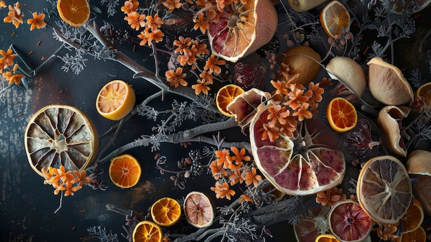 Free photo decorative arrangement with dried fruits and flowers