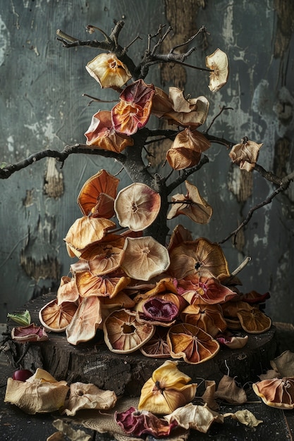 Decorative arrangement with dried fruits and flowers