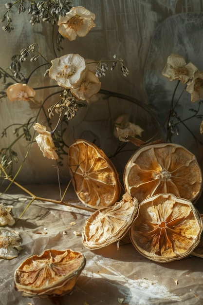 Decorative arrangement with dried fruits and flowers