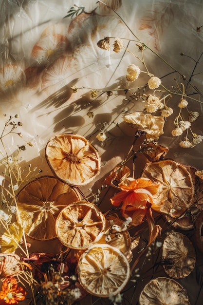 Free photo decorative arrangement with dried fruits and flowers