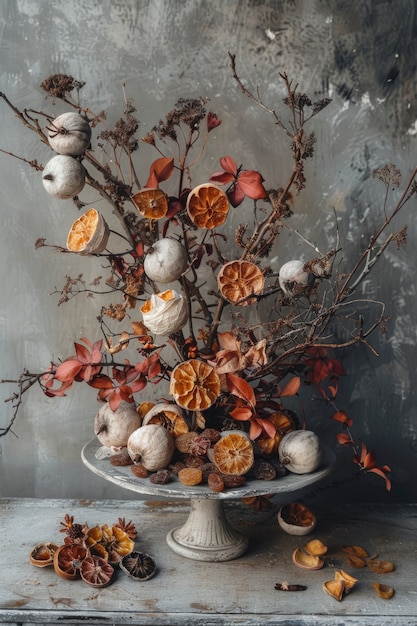 Free photo decorative arrangement with dried fruits and flowers