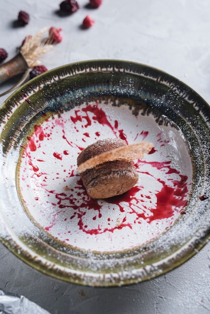 Decorative delicious chocolate cake on plate