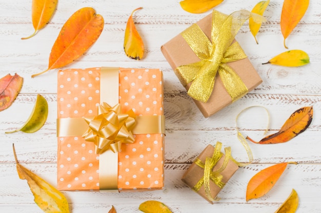 Decorative gift boxes surrounded with orange leaves on white table