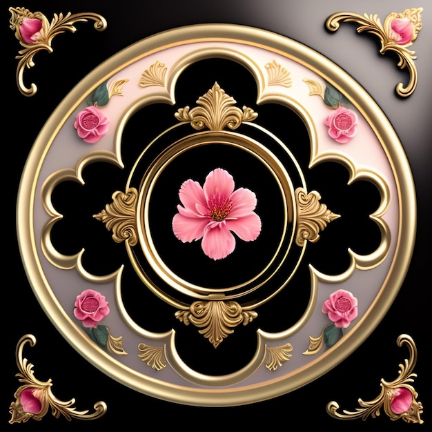 A decorative painting with pink flowers and gold trim.