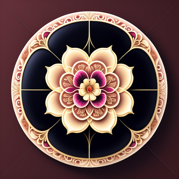 A decorative plate with a flower on it.