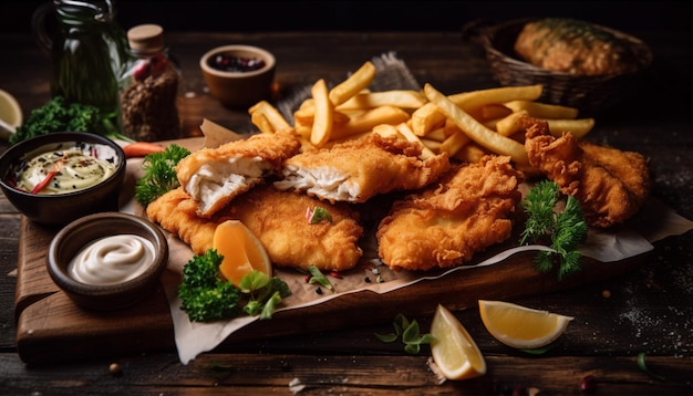 Free photo deep fried fillet with fries and salad generated by ai