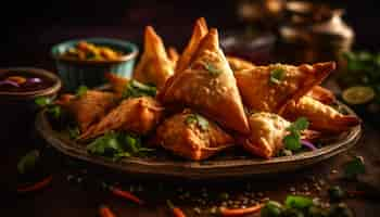 Free photo deep fried samosas and dumplings gourmet appetizer generated by ai