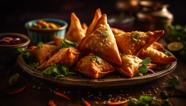 Free Photo deep fried samosas and dumplings gourmet appetizer generated by ai