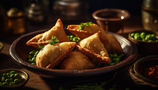 Deep fried samosas on rustic crockery plate generated by AI