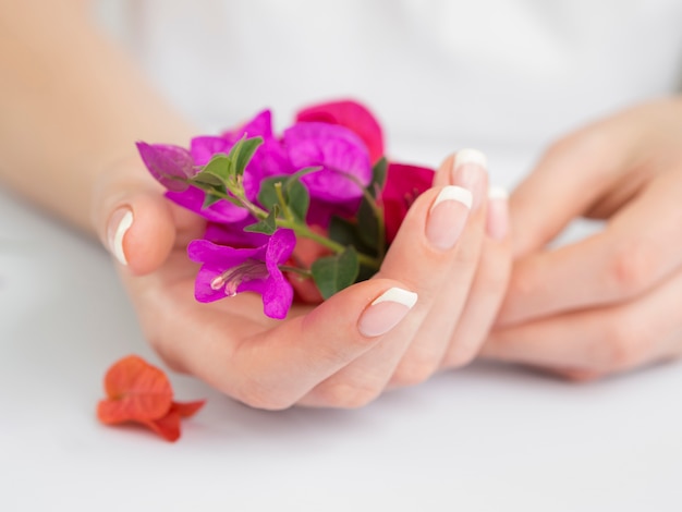 Free photo delicate manicured hands holding flowers