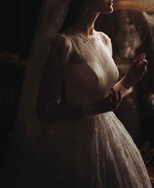 Free Photo delicate pearls on bride's beautiful dress