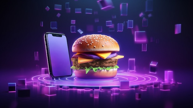 Delicious 3d burger with modern smartphone