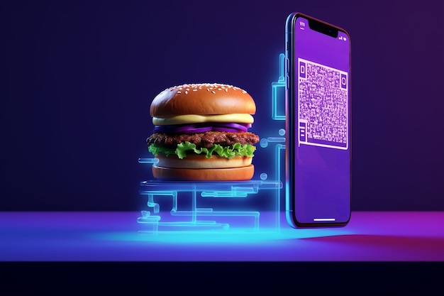 Delicious 3d burger with modern smartphone