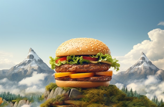 Delicious 3d burger with mountains scenery