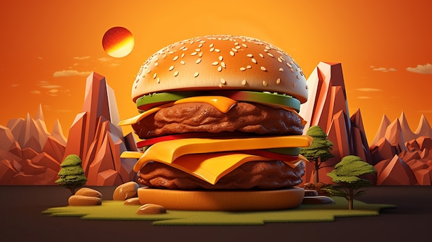 Free Photo delicious 3d burger with mountains scenery