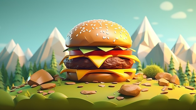 Free Photo delicious 3d burger with mountains scenery