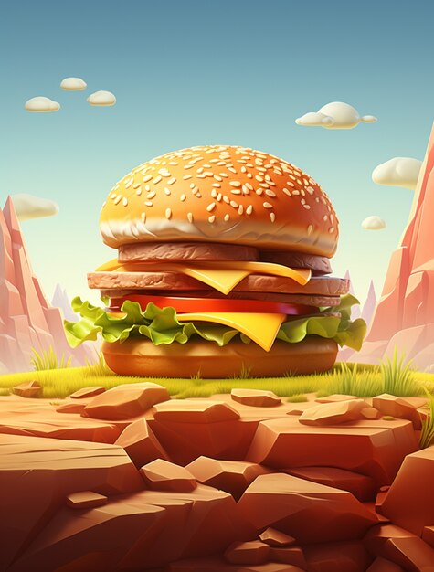 Delicious 3d burger with mountains scenery