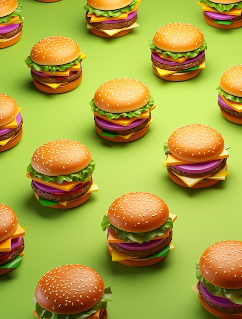 Free photo delicious 3d burgers neatly arranged