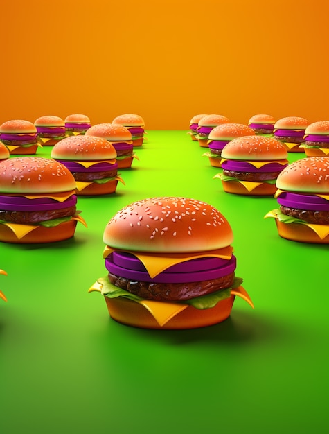 Delicious 3d burgers neatly arranged