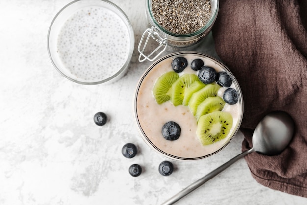 Delicious assortments of milk and fruit top view