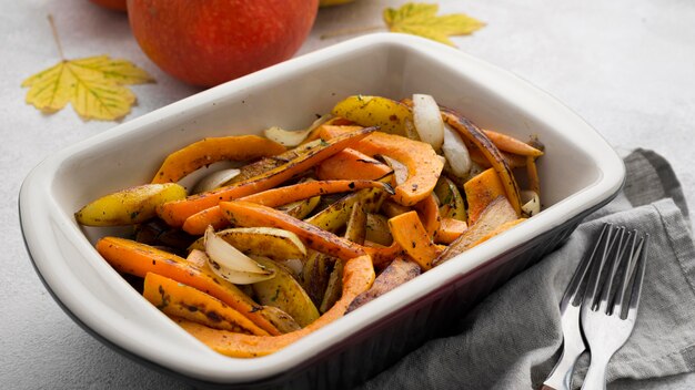 Delicious autumn food composition on white background