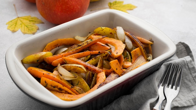 Delicious autumn food composition on white background