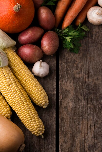 Delicious autumn vegetables arrangement with copy space