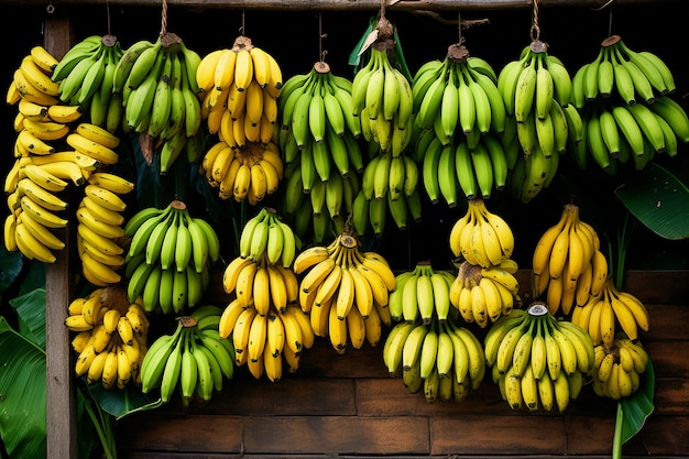 Delicious bananas hanging outdoors