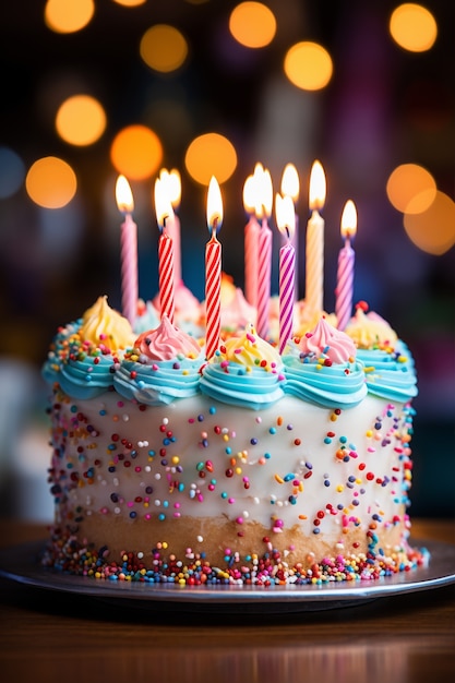 Delicious birthday cake with candles