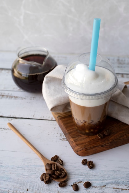 Delicious bubble tea cup and blue straw