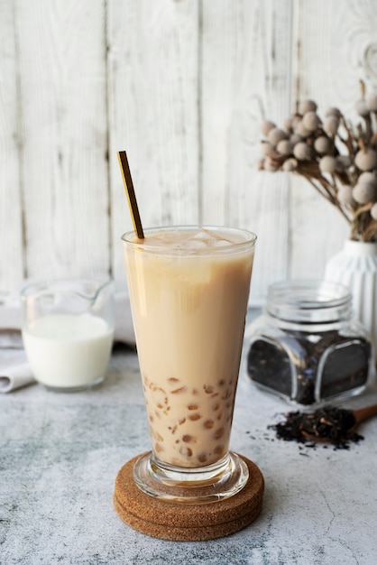 Free photo delicious bubble tea cup with straw