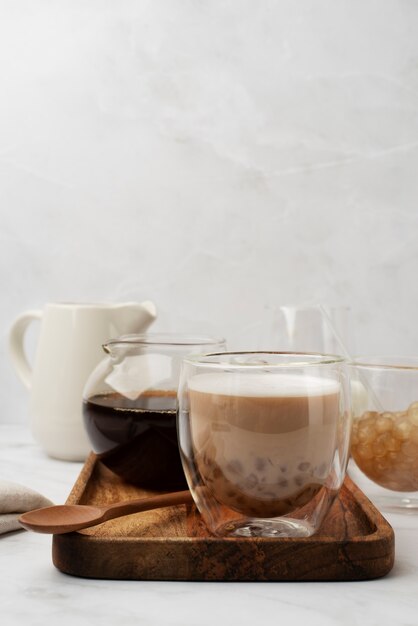 Delicious bubble tea cup on wooden board