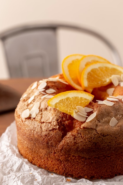 Delicious bundt cake with oranges arrangement