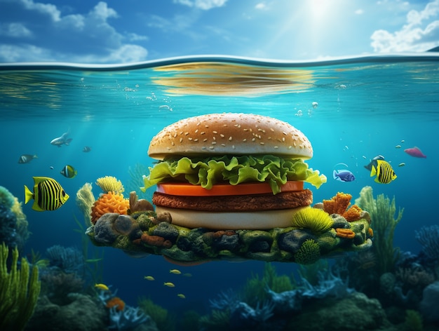 Delicious burger underwater