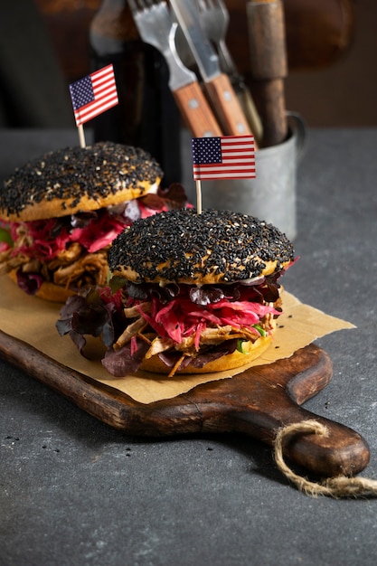 Free Photo delicious burgers on wooden board arrangement