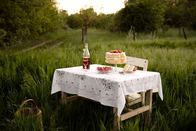 Delicious cake and drink on table outside