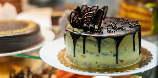 Delicious cake with fruits and chocolate