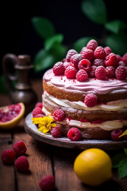 Delicious cake with raspberries