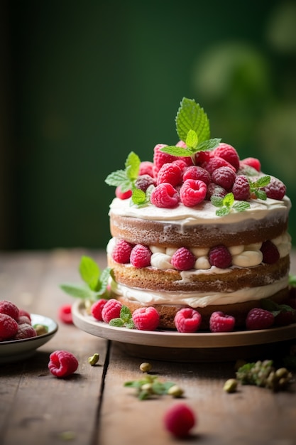 Delicious cake with raspberries