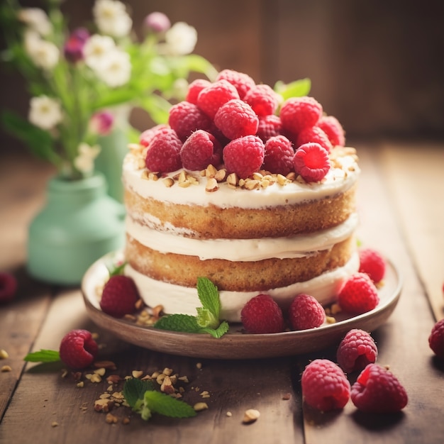 Delicious cake with raspberries