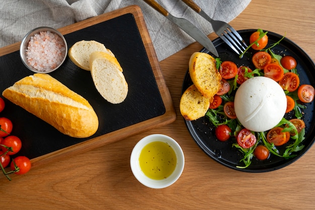 Delicious cheese and tomatoes top view