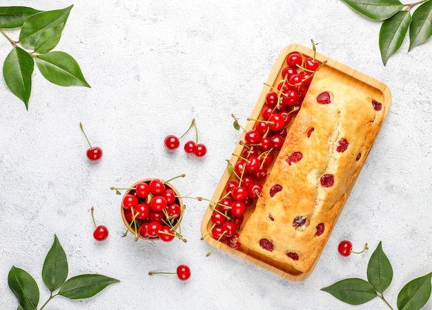 Delicious cherry cake with fresh cherries,top view