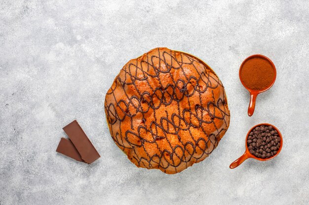 Delicious chocolate cake with chocolate chips,top view