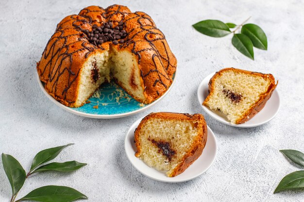 Delicious chocolate cake with chocolate chips,top view