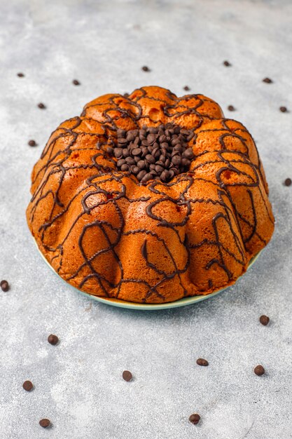 Delicious chocolate cake with chocolate chips, top view