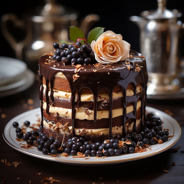 Delicious chocolate cake with flower