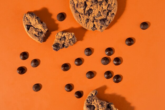 Delicious chocolate chips cookie above view