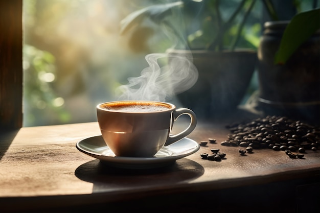 Delicious coffee cup with plants