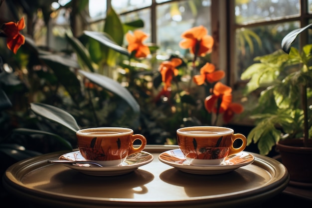 Delicious coffee cups with plants